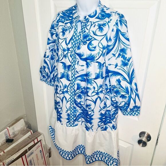 LINA TOMEI Italy Long Sleeve Cotton Baroque Drop Waist Dress Blue Floral M NWT - Picture 7 of 13